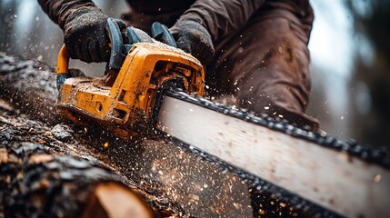 Close-up of a person using a chainsaw to cut a log in a forest.  Sparks fly