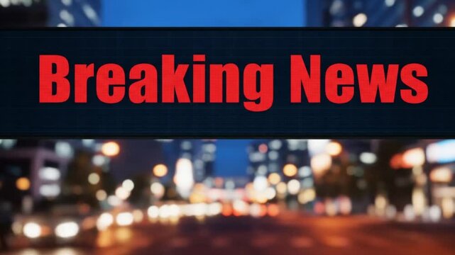 Breaking News Alert Flashes over City Street, Broadcasting Critical Information with a Sense of Urgency and a Dramatic Cinematic Effect.