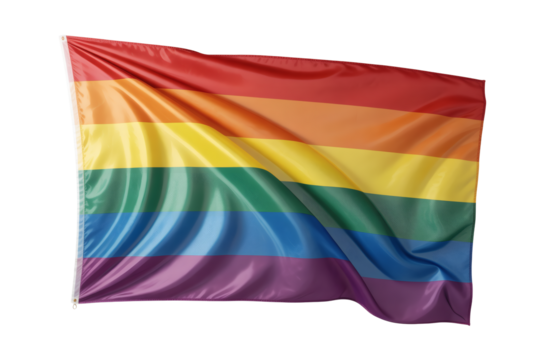 Vibrant rainbow flag waving against a dark backdrop symbolizes LGBTQ+ pride and solidarity with a message of inclusivity and equality, transparent background