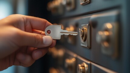 inserts the key into the lock.A close-up of a hand inserting a metal key into the keyhole of a metal mailbox or safe, creating a sense of security and reliability.