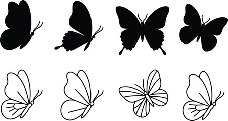 Graceful butterflies set design with black silhouettes and line art variations for logo and decorations, representing nature and spring