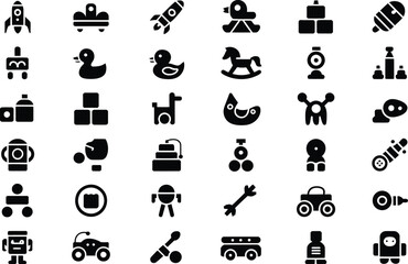 Obraz premium Collection of charming children's toy icons offers diverse play symbols, perfect for designing engaging games or decorating kid-themed content with whimsical elements.