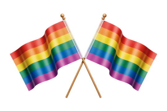 Two waving rainbow flags symbolize LGBTQ pride and equality with vibrant colors against a transparent backdrop, transparent background - Powered by Adobe