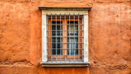 Obraz premium An old window with metal bars is set into an orange wall