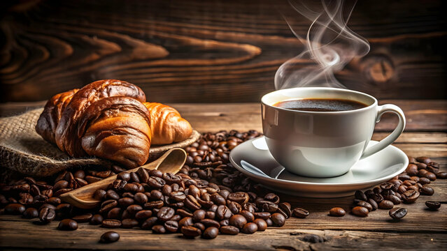 A steaming cup of coffee sits on a wooden table next to croissants and coffee beans