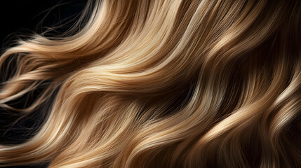 Naklejka premium Flowing blonde hair strands with shimmering highlights in close-up view