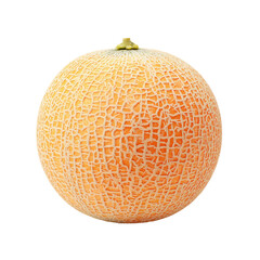 A ripe, textured cantaloupe melon ready to be enjoyed. The melon has a vibrant orange-yellow color and a net-like pattern on its skin.