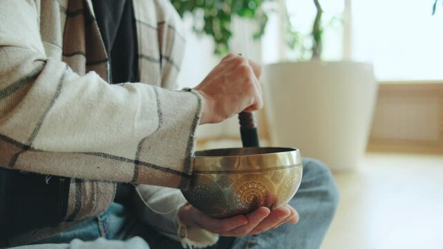 Person meditating with a singing bowl in a serene indoor space during a peaceful afternoon session