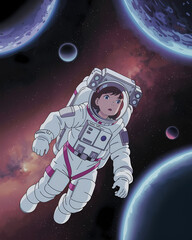Anime style girl astronaut floating in space, stars and planets, graphic design illustration wallpaper 