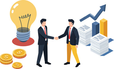 Business agreement handshake with light bulb idea and financial growth chart vector illustration