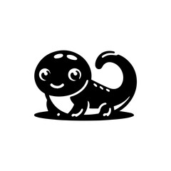 A stylized black and white illustration of a friendly, smiling salamander.