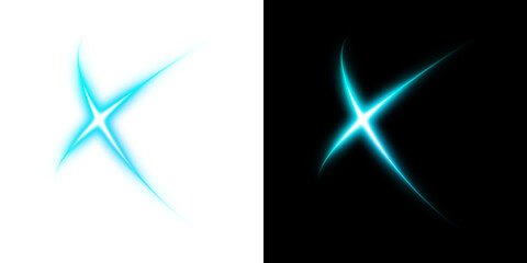 Cyan X-shaped glowing light on transparent and black background
