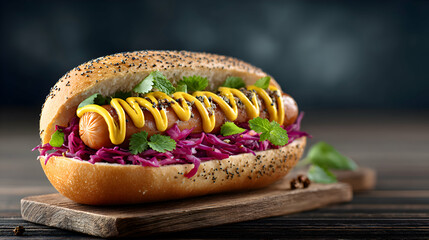 Macro shot of a hot dog with sauerkraut and spicy mustard, blurred summer festival