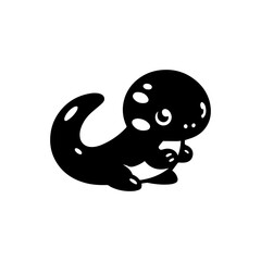 A stylized, black and white illustration of a cute, cartoon-like salamander.