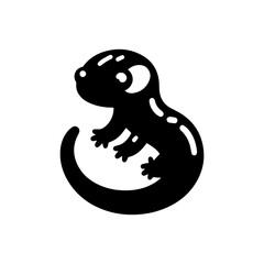 A stylized black and white illustration of a cute salamander curled up.