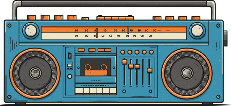 Retro blue vintage boombox cassette player with speakers and sliders vector illustration