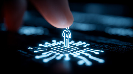 Naklejka premium Artificial intelligence personnel selection concept with a glowing human icon placed on a microchip digital circuit. 