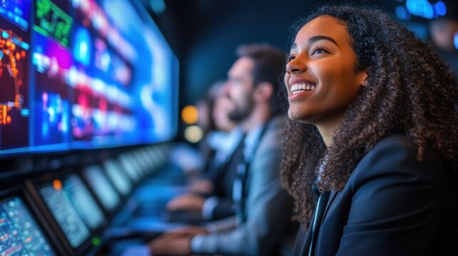 Diverse group watching digital displays