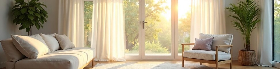 Serene Sunlight Streaming Through Sheer Curtains in a Bright Living Room