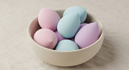 Pastel makeup sponges in different shapes placed in a ceramic bowl