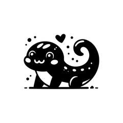 A cute, stylized black and white lizard illustration with a heart above its head, standing on a flat surface.