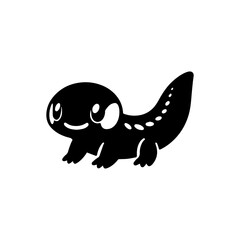 A black silhouette of a cartoonish salamander with white spots and a smiling face.