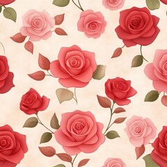 Seamless pattern of variously shaded roses with green and brown leaves on a beige background, creating a vintage floral design.