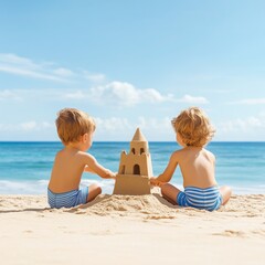 Two young children in striped swimsuits build a sandcastle together on a sunny beach with a calm ocean and clear blue sky in the background.