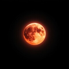 A bright, glowing red moon against a pitch-black night sky, showcasing detailed lunar surface features and craters.