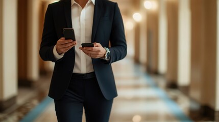 A person in a business suit walking indoors, holding and using two smartphones simultaneously.
