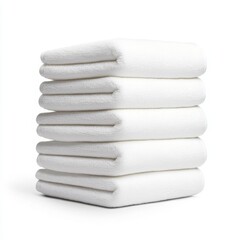 A neat stack of five clean, white towels folded uniformly against a white background.