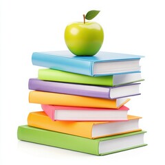 A green apple rests atop a stack of colorful books arranged in a neat pile on a white background.