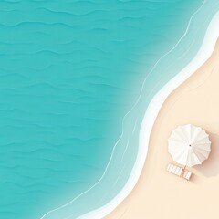 A minimalist aerial view of a beach with turquoise water, gentle waves, a sandy shore, a white beach umbrella, and a lounge chair casting a shadow.