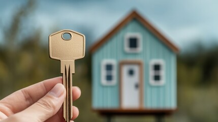 A hand holding a key in front of a blurred blue house, symbolizing home ownership or real estate.