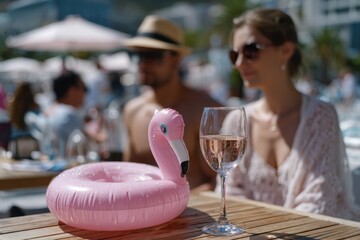 A refreshing glass of rosé wine sits next to a pink flamingo float, capturing a fun and relaxed poolside moment with friends under the sun.