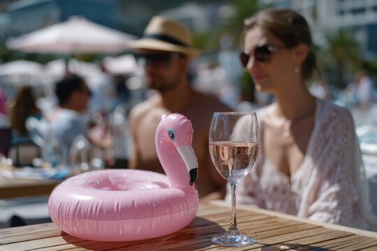 A refreshing glass of rosé wine sits next to a pink flamingo float, capturing a fun and relaxed poolside moment with friends under the sun.