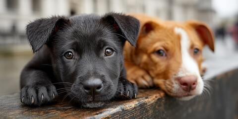 Obraz premium Two adorable puppies resting on a ledge, one black and one tan and white.