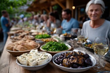 An inviting outdoor dining table is filled with a variety of fresh, colorful dishes, perfect for celebrating moments with friends and family in a warm, rustic atmosphere.