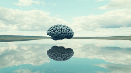 Floating brain over placid water