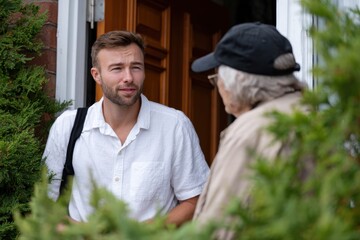 A young man engages in conversation with an elderly person at a home entrance, highlighting the connection between generations in a warm outdoor setting.