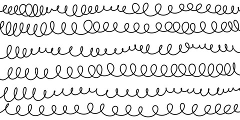 hand drawn spiral lines in black on white background. Abstract squiggle loops and curly strokes create a playful, dynamic texture.