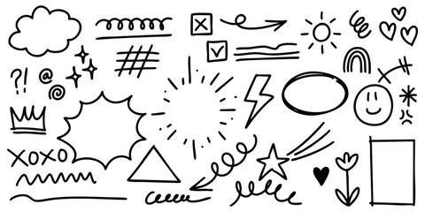 set of hand drawn doodle elements in black ink on a white background. Includes arrows, speech bubbles, stars, hearts, lightning bolt, sun, checkboxes, curly lines, shapes, and decorative symbols.