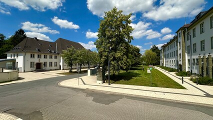 Former British Army barracks converted into an educational campus, featuring the Mensa (left) and the University of Applied Sciences for Finance building (right)