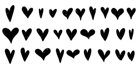 collection of hand drawn black heart doodles in various shapes and sizes, perfect for romantic, cute, and playful design themes. 