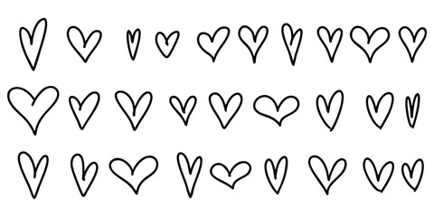 Collection of hand drawn heart doodles in black and white. Cute and playful love icons perfect for romantic cards, social media elements, or creative decoration.