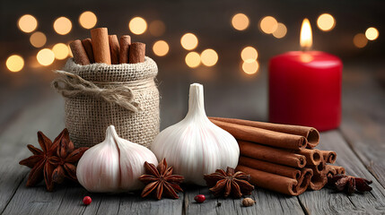 Macro image of garlic cloves, star anise, and cinnamon sticks arranged artistically on a dark wooden surface, blurred red lantern glow