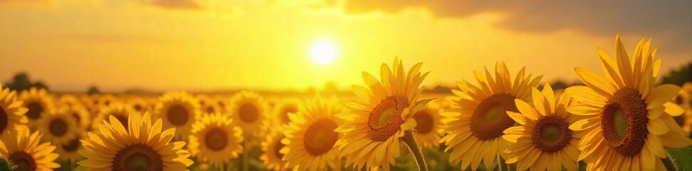 Fototapeta premium Golden Hour Sunflowers Vibrant Yellow Blooms Basking in Warm Sunlight, Evoking Joy and Optimism ? Perfect for Summer, Nature, and Happiness Themes