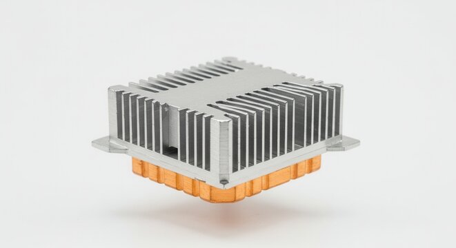 A metal heatsink with aluminum fins is isolated on white background