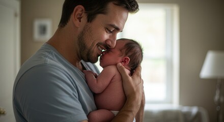 Fototapeta premium A father lovingly cradles his newborn baby, sharing a tender moment