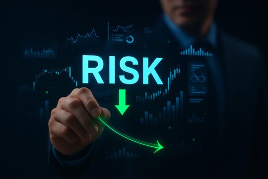 Risk management concept. Businessman reducing risk on a virtual dashboard to achieve business growth, profit, and investment success.